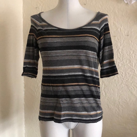 Three Dots Black Gray Metallic Stripe Top Shirt Medium Wool Blend - Picture 1 of 9